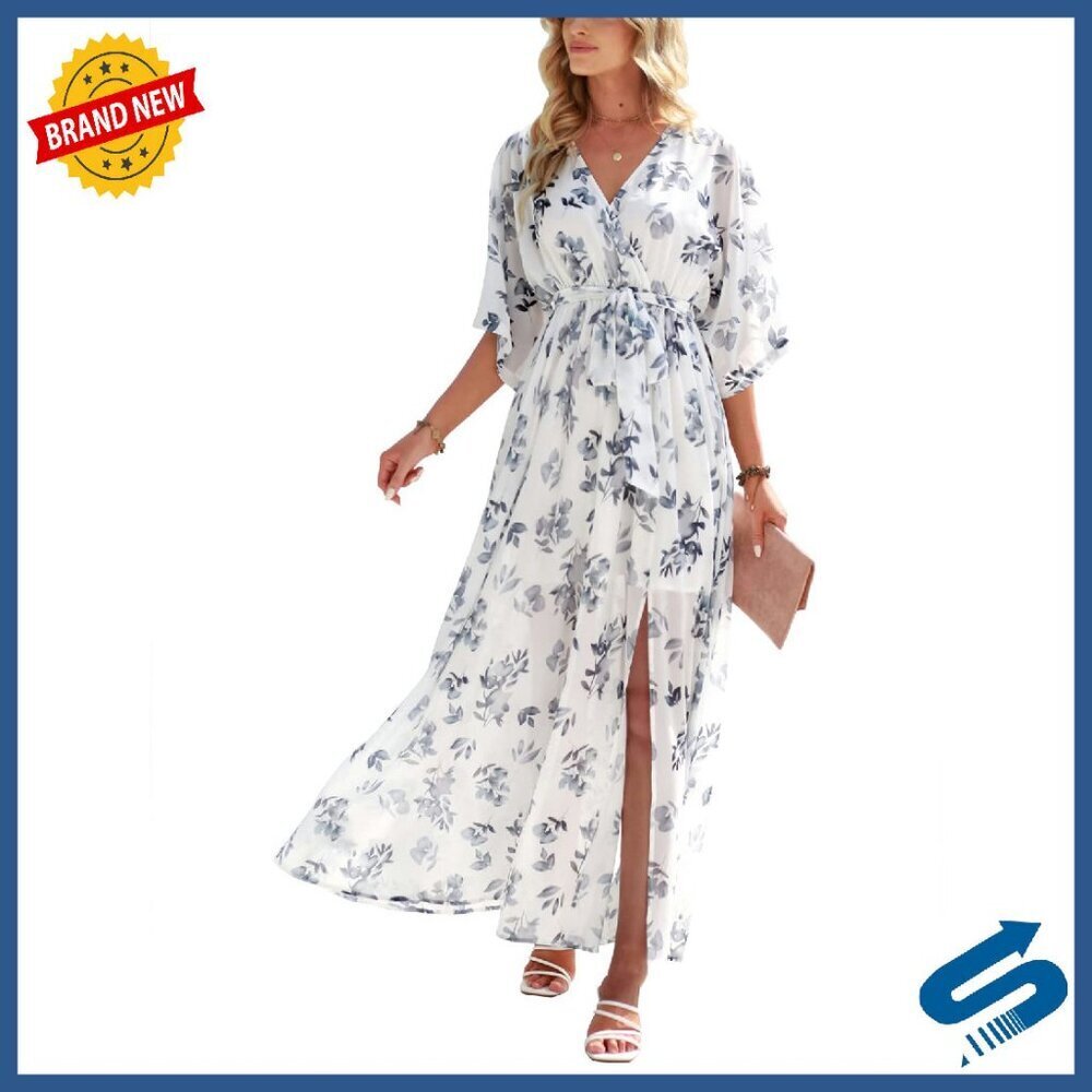 Boho Floral Wrap Maxi Dress with Slit, 3/4 Sleeves, Elastic Waist